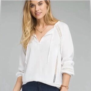 PrAna Womens White Tacana Peasant Top Blouse Tie Neck Crochet Detail Boho Size M
